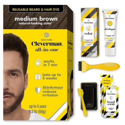 Cleverman Reusable Beard & Hair Dye Kit - Up to 5 Uses, 7-Min Natural Gray Coverage with SkinArmour