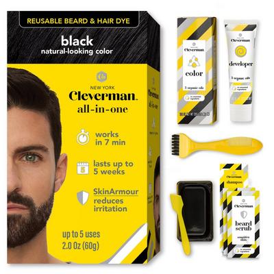 Cleverman Reusable Beard & Hair Dye Kit - Up to 5 Uses, 7-Min Natural Gray Coverage with SkinArmour