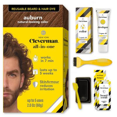Cleverman Reusable Beard & Hair Dye Kit - Up to 5 Uses, 7-Min Natural Gray Coverage with SkinArmour