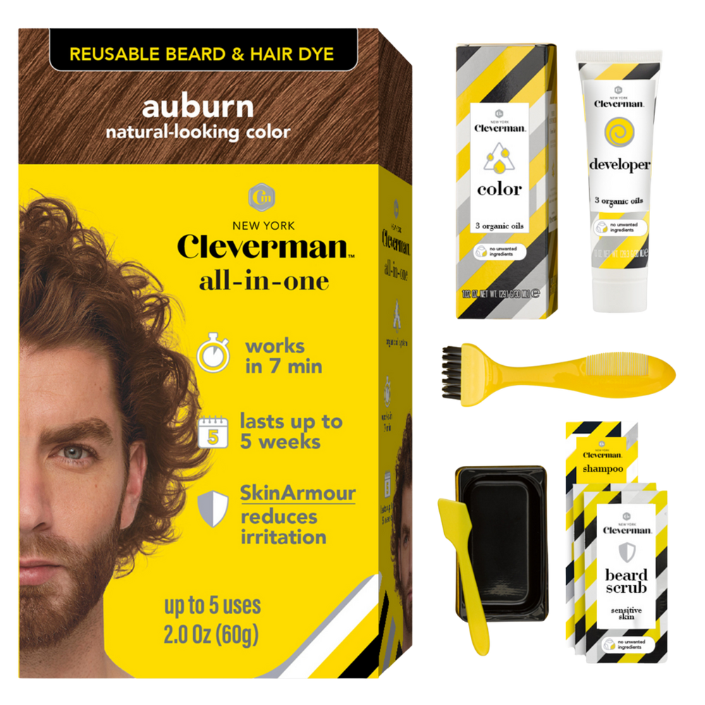 Cleverman Reusable Beard & Hair Dye Kit - Up to 5 Uses, 7-Min Natural Gray Coverage with SkinArmour