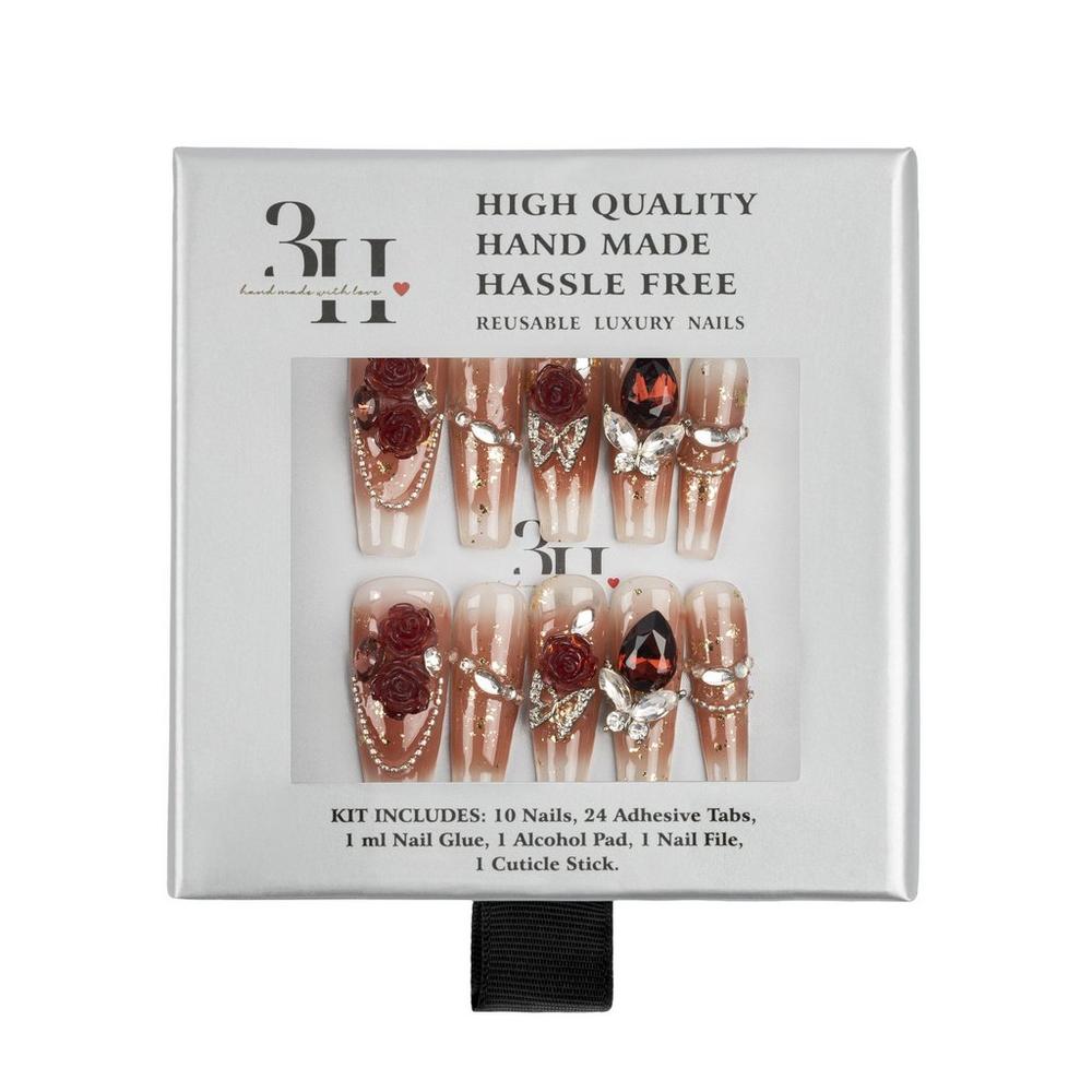 3h Nails Crimson Rose Handmade Press-on Nails - Medium