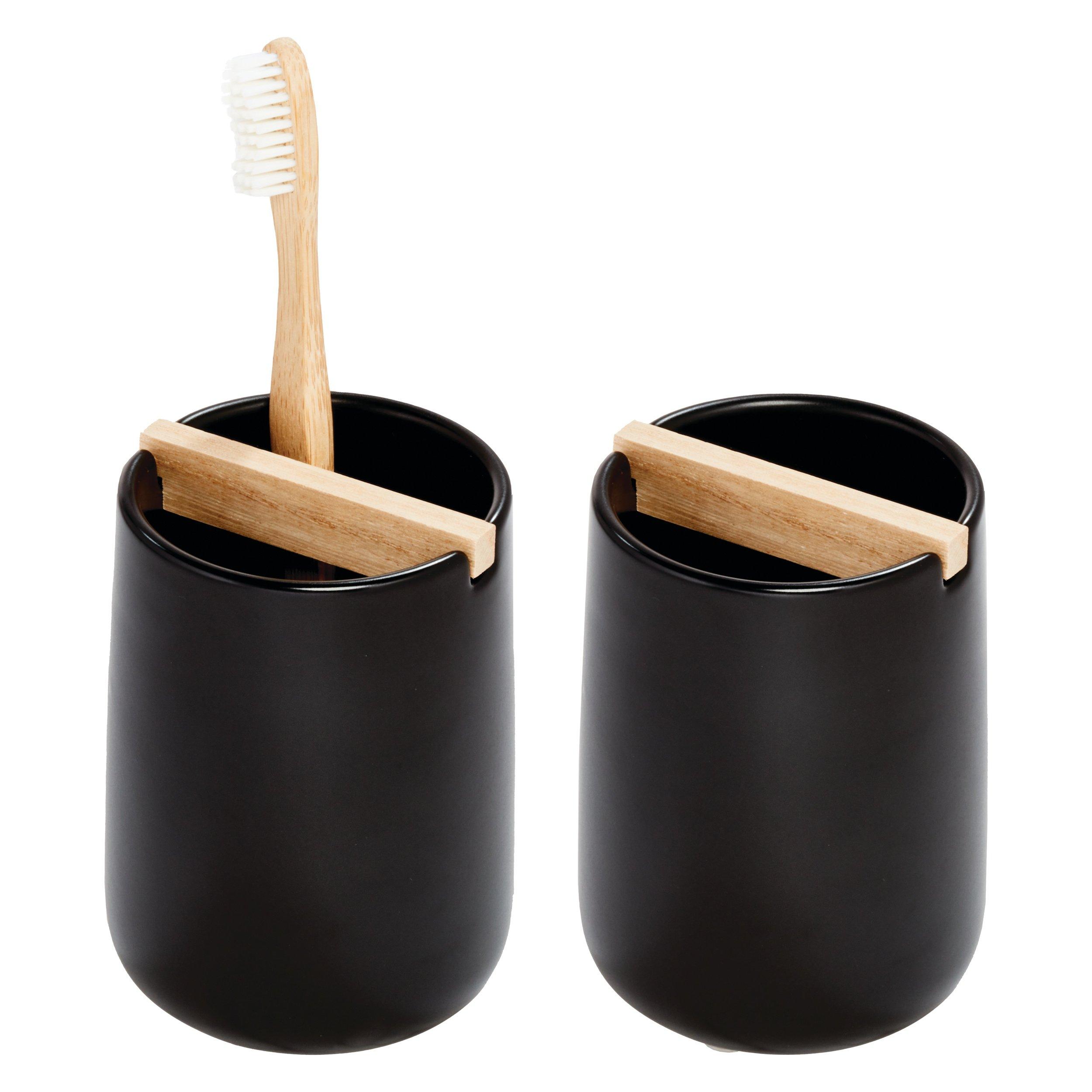 iDesign Matte Black Toothbrush Holder with Removable Wood Divider #1