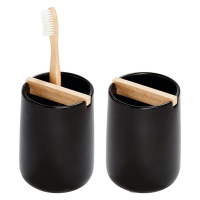iDesign Matte Black Toothbrush Holder with Removable Wood Divider