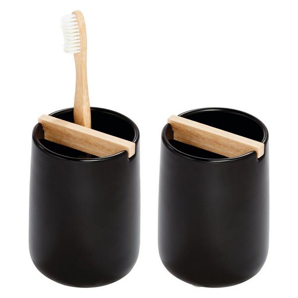 iDesign Matte Black Toothbrush Holder with Removable Wood Divider #1