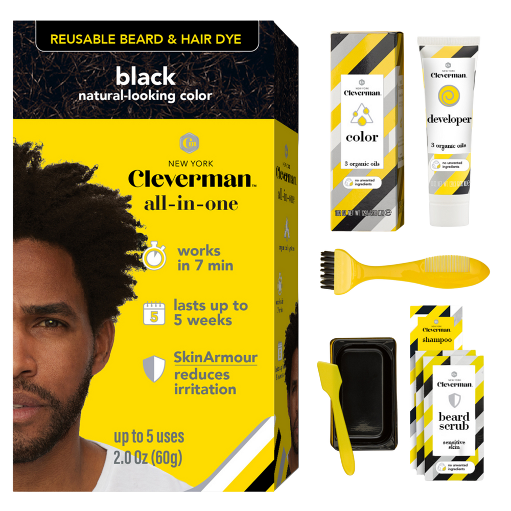 Cleverman Coarse & Coily Hair · Reusable Beard Dye Kit - 5 Uses, 7-Min Natural Gray Coverage