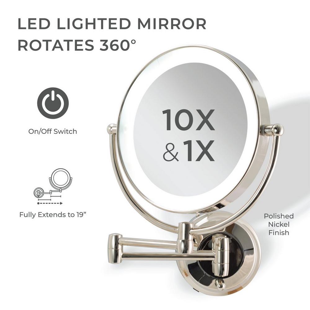 Lighted Wall Mounted Makeup Mirror with 10X/1X Battery/Cord - Polished Nickel