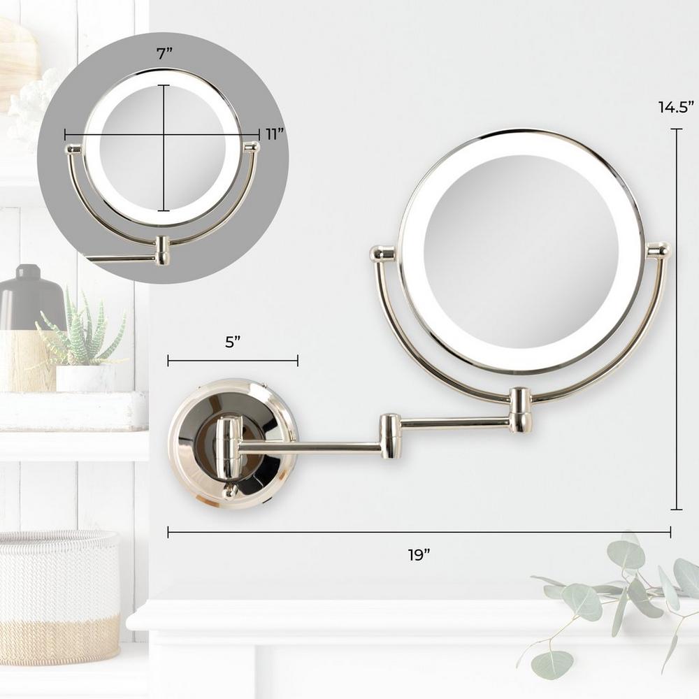 Lighted Wall Mounted Makeup Mirror with 10X/1X Battery/Cord - Polished Nickel