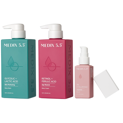 Medix 5.5 Smooth + Hydrate Trio | Glycolic Body Wash, Retinol Body Cream, 3% Hyaluronic Acid Serum