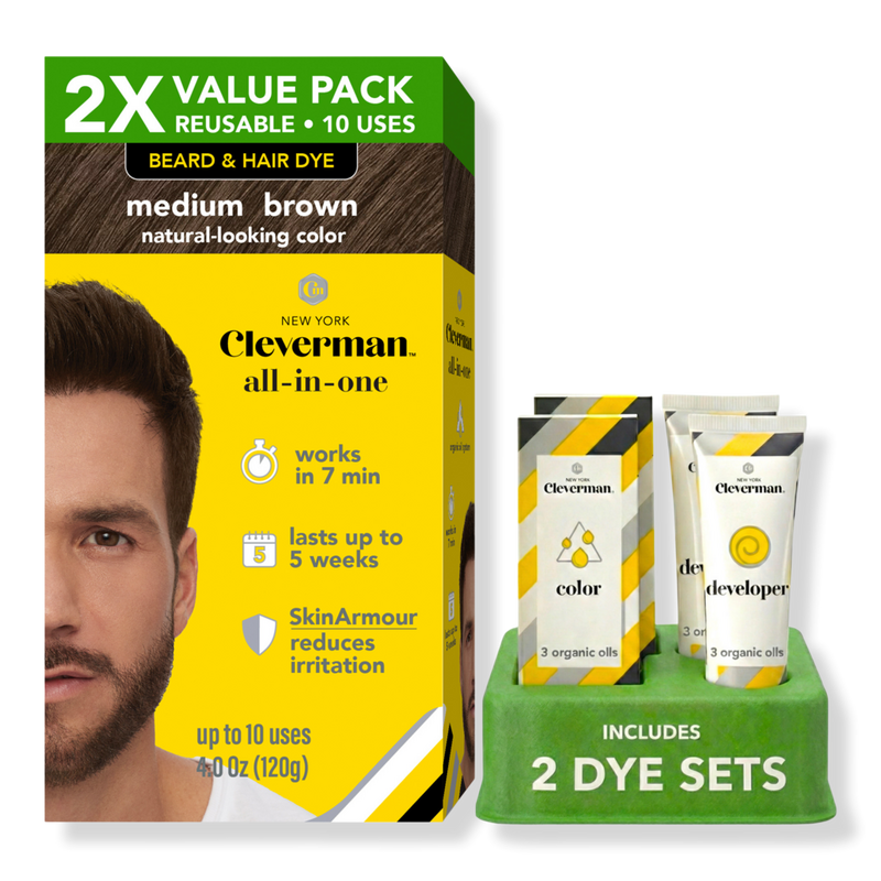 Cleverman - Medium Brown 2X Pack Reusable Beard & Hair Dye Kit