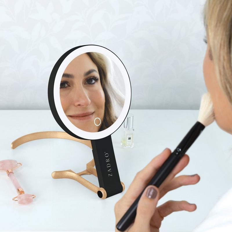 Zadro - Black/Gold Multi-Position LED Lighted Hand Mirror with 10X