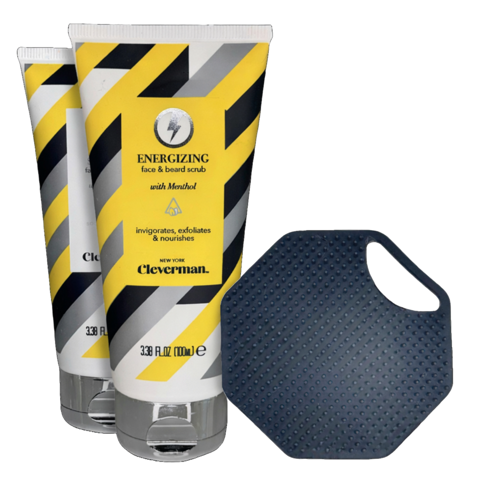 Cleverman Men’s Energizing & Sensitive Face & Beard Scrub Set + Free Silicone Face Scrubber