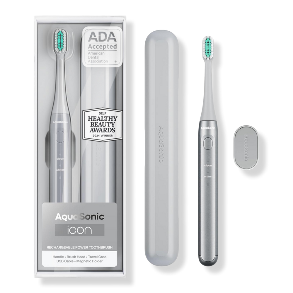 AquaSonic Icon Rechargeable Electric Toothbrush with Magnetic Holder & Travel Case - Silver