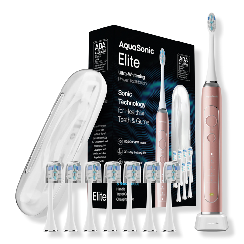 AquaSonic Elite Rechargeable Electric Toothbrush with 8 Brush Heads & Travel Case - Rose Gold
