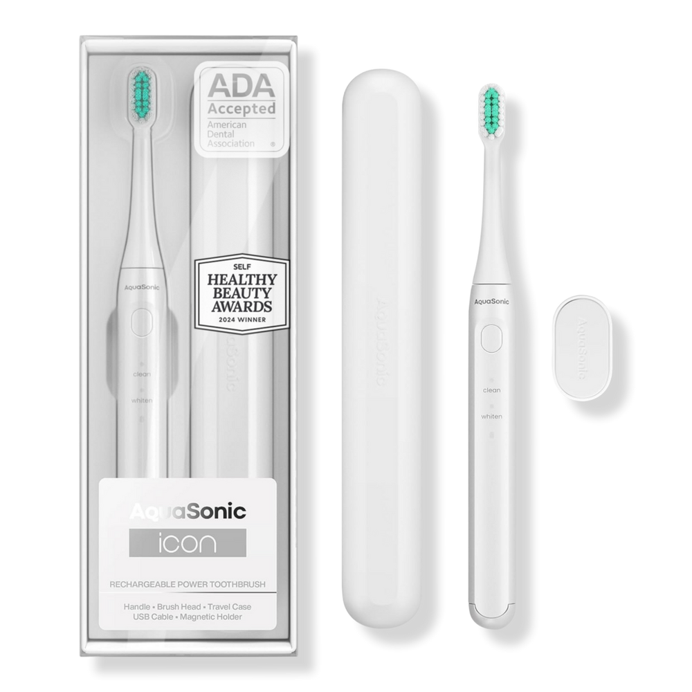 AquaSonic Icon Rechargeable Electric Toothbrush with Magnetic Holder & Travel Case - White