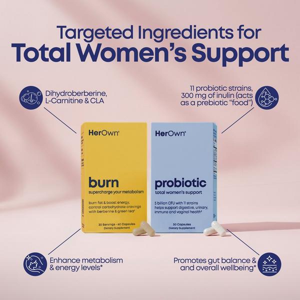 Her Own Burn + Probiotic Capsules: Metabolism & Digestive Support Bundle #2
