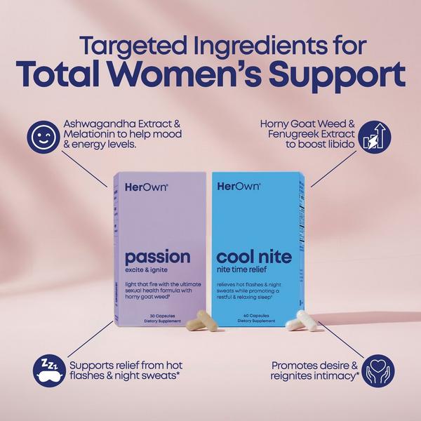 Her Own Cool Nite + Passion Capsules: Nighttime Menopause Relief & Intimacy Support Bundle #2