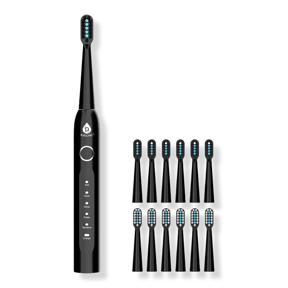 PURSONIC USB Rechargeable Electric Toothbrush with 12 Brush Heads - Black