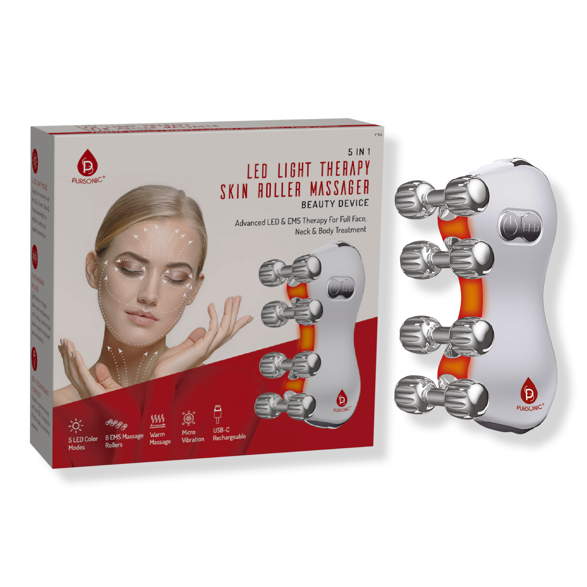 PURSONIC 5-in-1 LED Light Therapy Skin Roller Massager #1