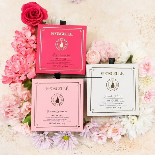 SPONGELLE Floral Boxed Flower Set | 3 Exfoliating Body Wash Buffers | Gift Set #5