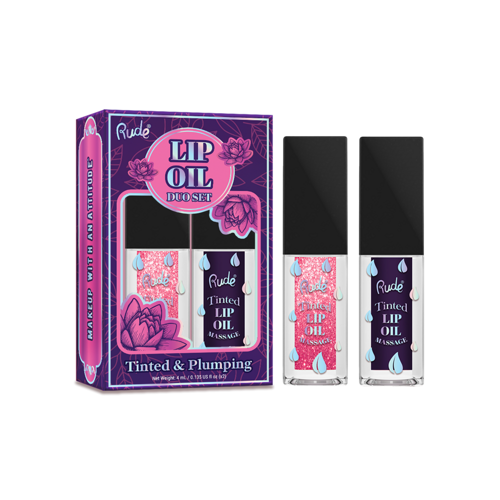 Rude Lip Oil Massage Tinted & Plumping Lip Oil Duo Set - Rose Shimmer / Serenity