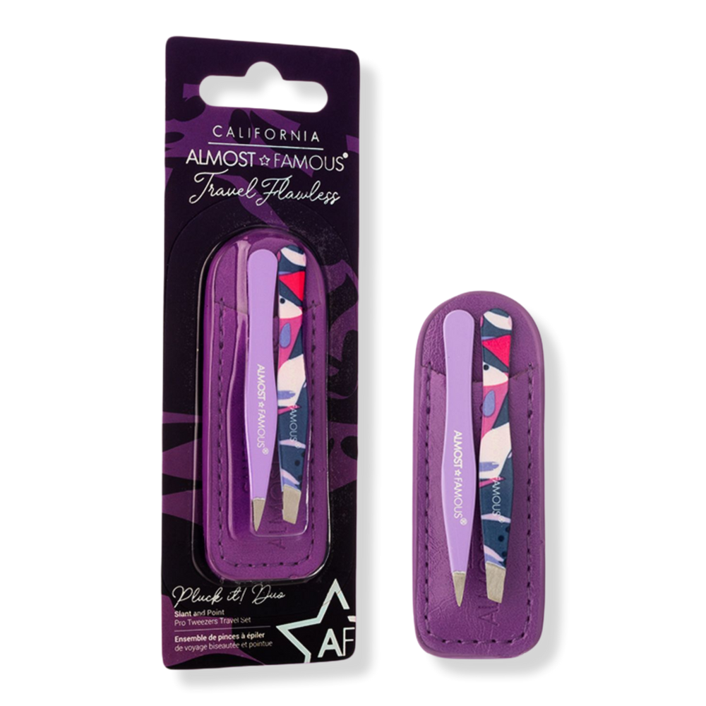 Almost Famous Precision Tweezer Duo with Genuine Leather Travel Case - Purple