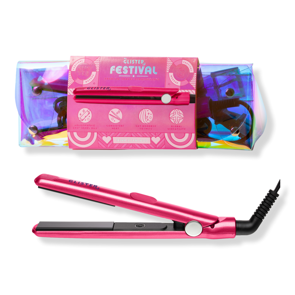 GLISTER Festival Mini Tourmaline Flat Iron with Holographic Bandolier Bag - Pink