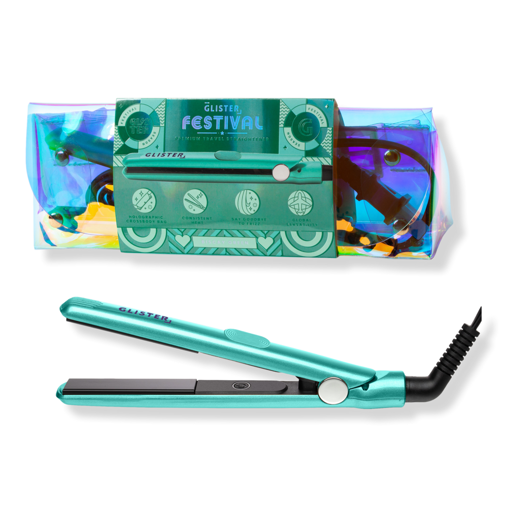 GLISTER Tourmaline Gem Mini Flat Iron with Holographic Bandolier Bag - Turquoise