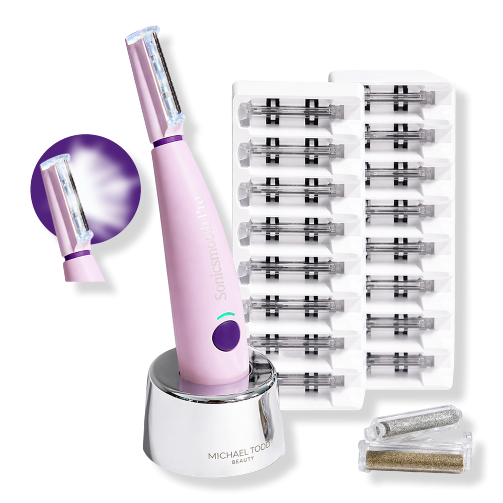 Michael Todd Beauty Sonicsmooth Pro+ Dermaplaning Peach Fuzz Remover LED light, 16 blades, 2 Exfoliation Tips - Pink