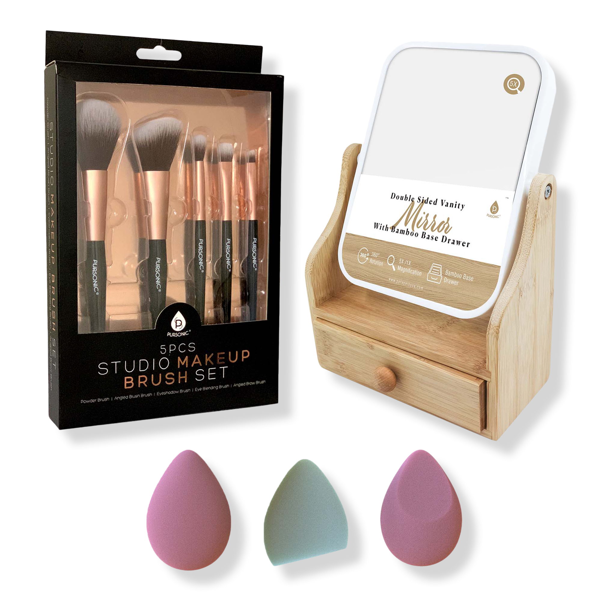PURSONIC Makeup Brush Set, Multi-Shape Sponges, and Dual-Sided Mirror #1
