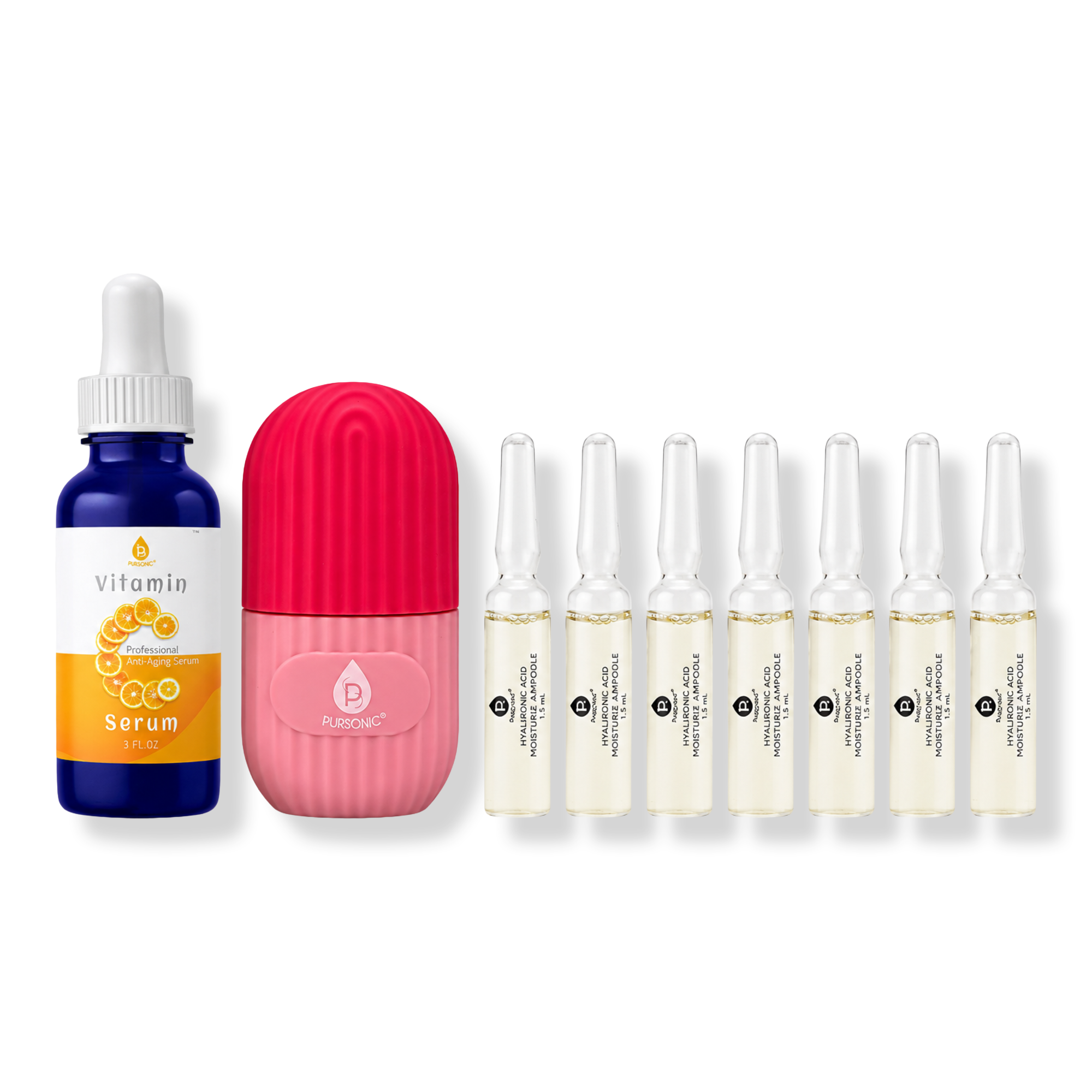PURSONIC Ice Cube Facial Roller, Vitamin C Serum and Hyaluronic Acid Ampoule Set #1
