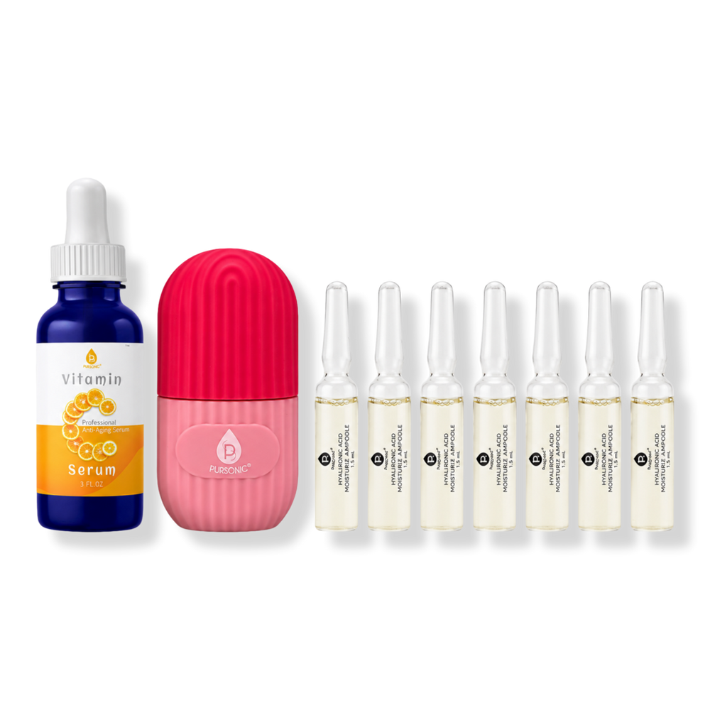 PURSONIC Ice Cube Facial Roller, Vitamin C Serum and Hyaluronic Acid Ampoule Set