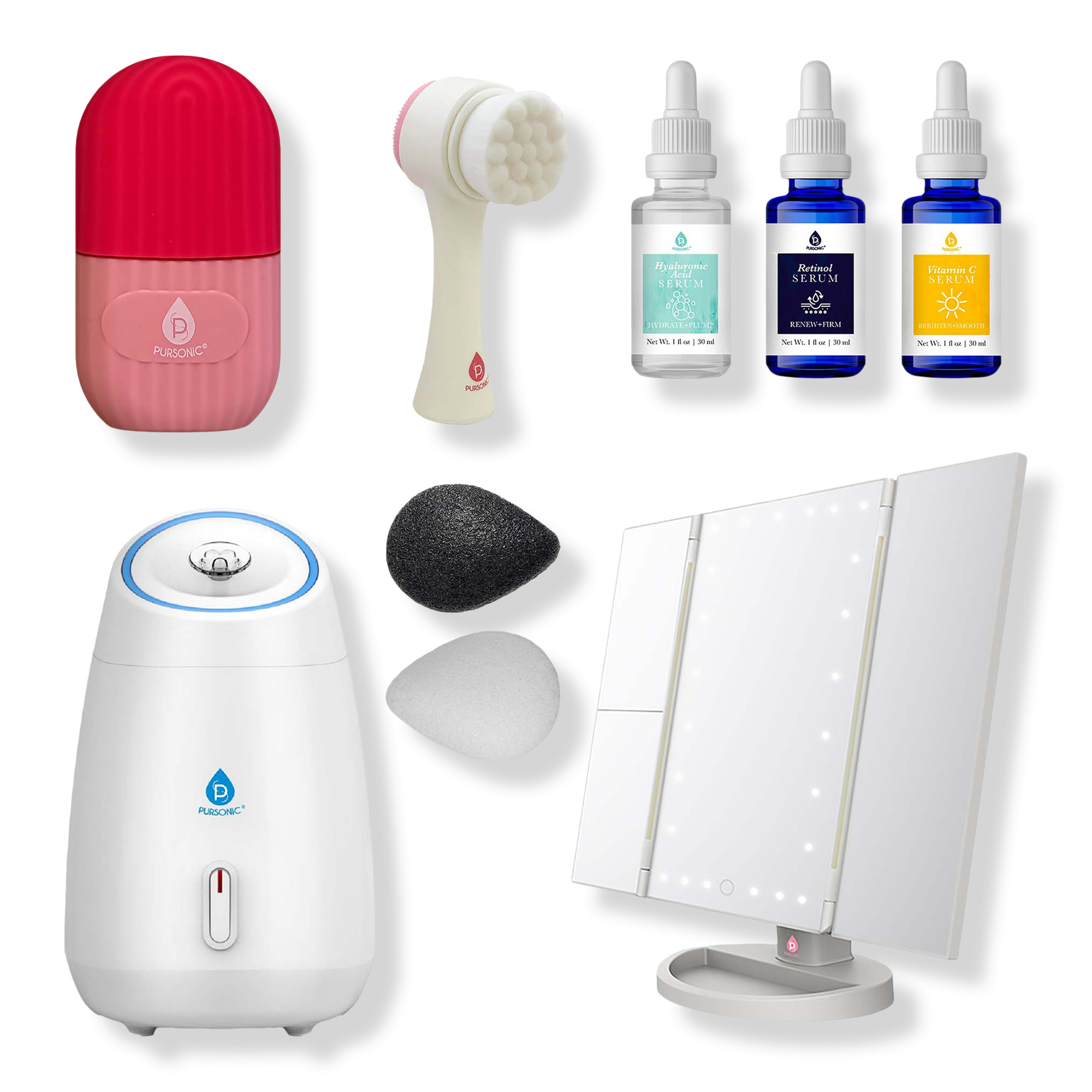 PURSONIC Facial Steamer, Tri-Fold Vanity Mirror, Anti-Aging Serum Set #1
