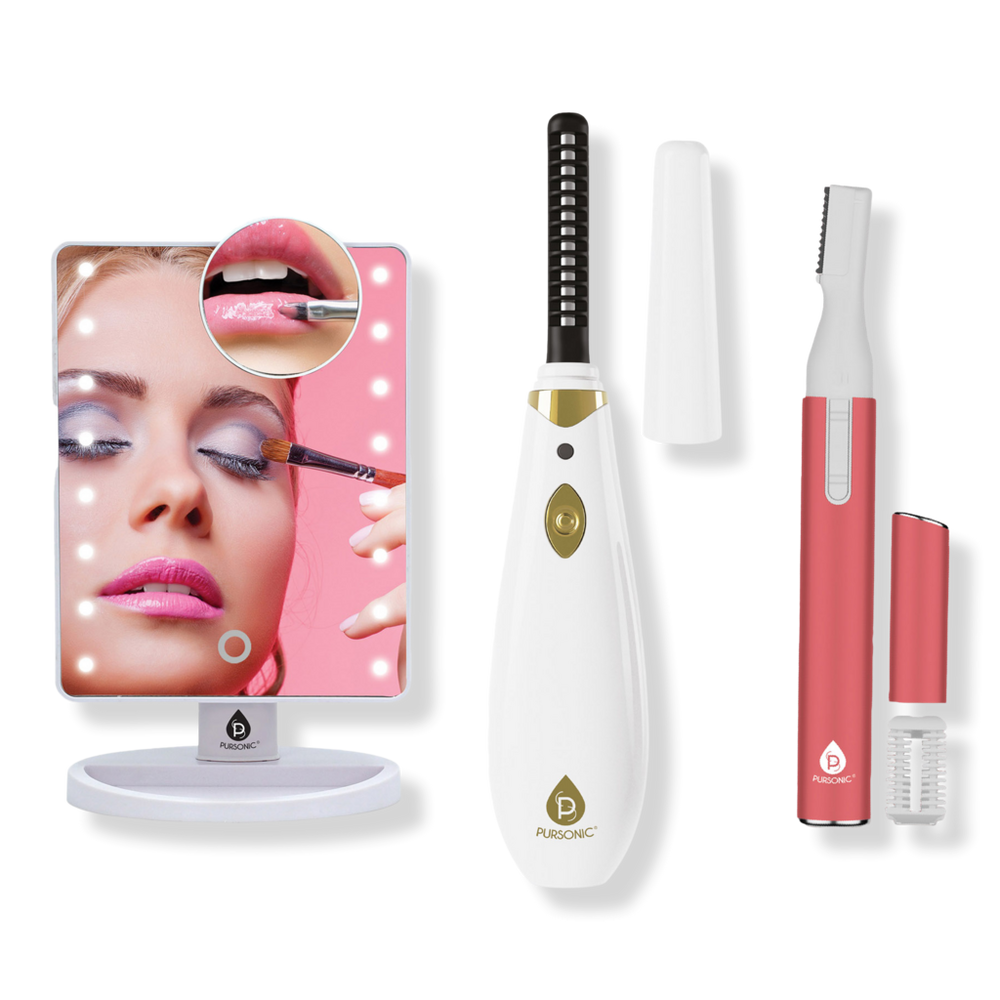 PURSONIC Facial Trimmer & Eyebrow Kit, Heated Eyelash Curler & LED Vanity Mirror