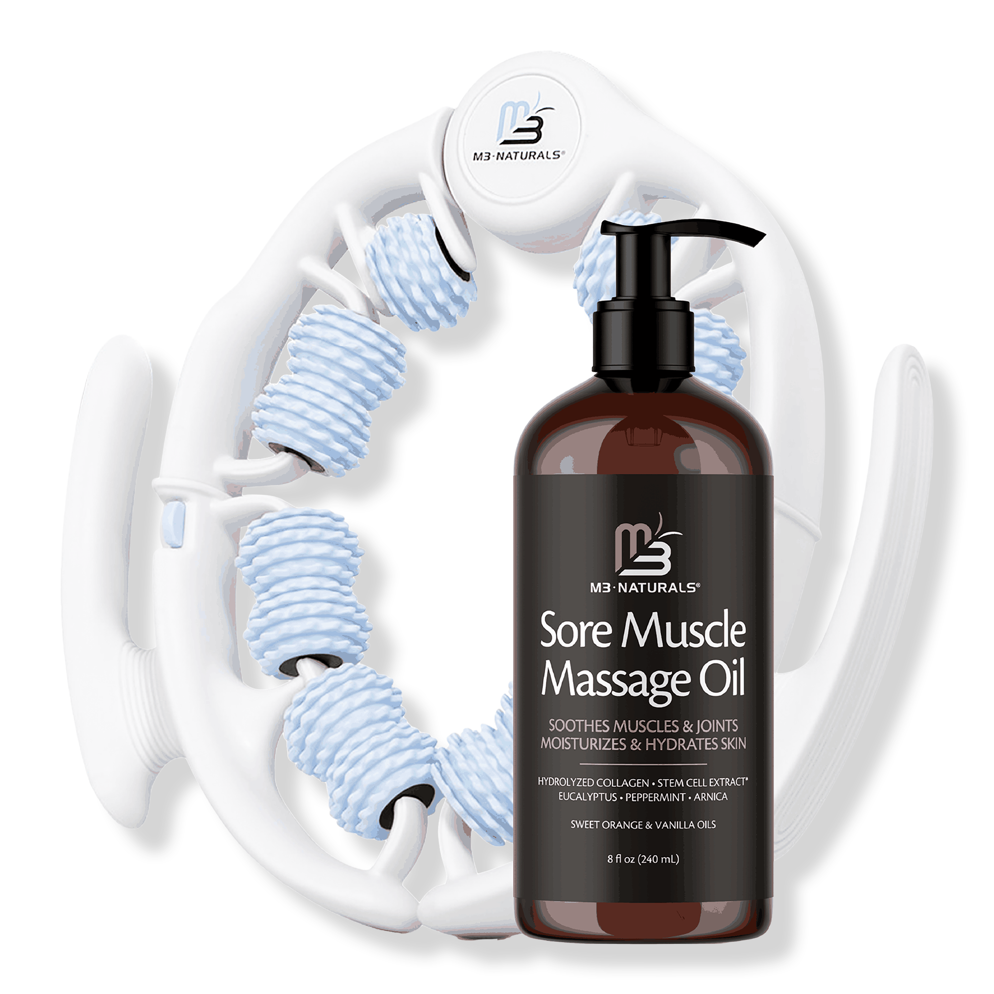 M3 Sore Muscle Massage Oil & Anti Cellulite Massage Roller Bundle #1