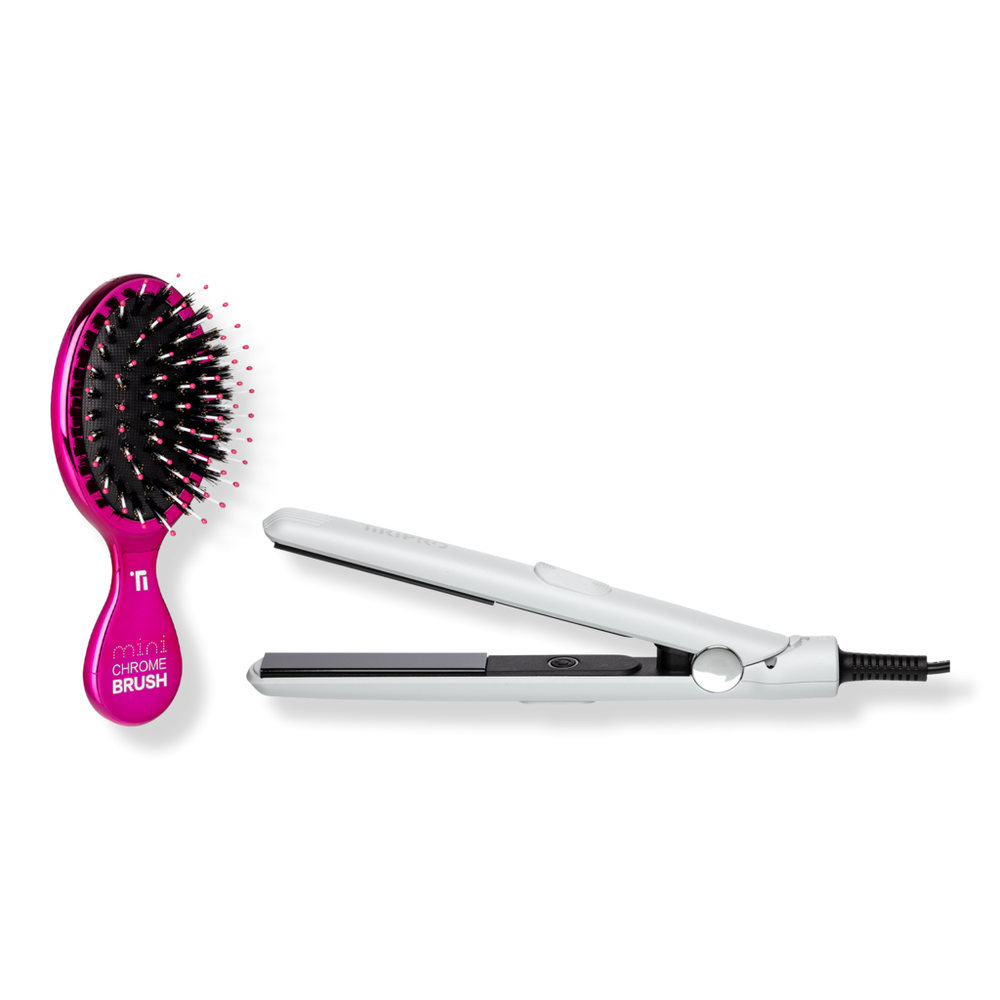 Tiri Pro To-Go Flat Iron & Mini Chrome Brush Set - White / Pink