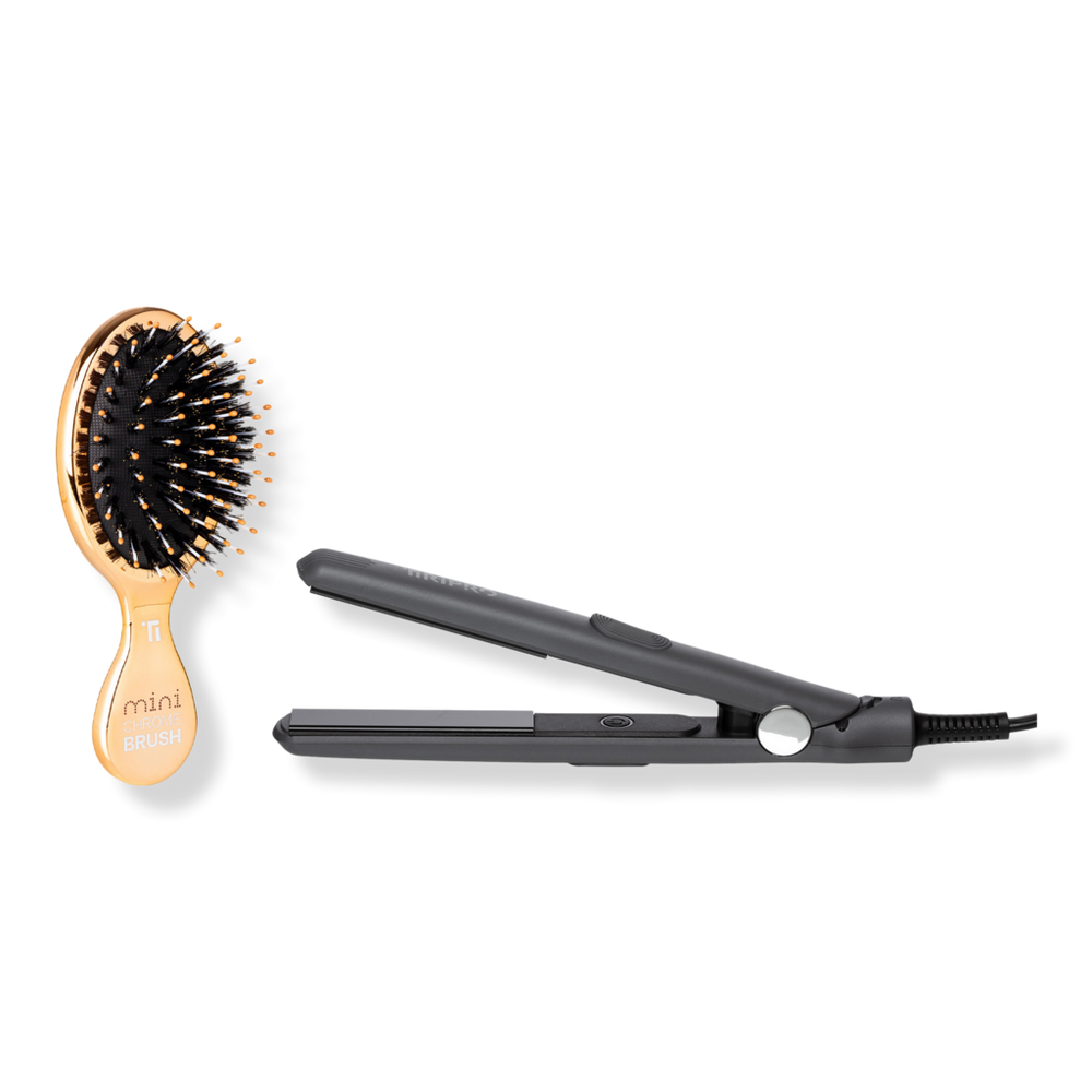 Tiri Pro To-Go Flat Iron & Mini Chrome Brush Set - Black / Rose Gold
