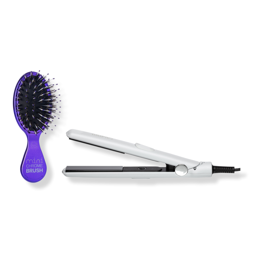 Tiri Pro To-Go Flat Iron & Mini Chrome Brush Set - White / Purple