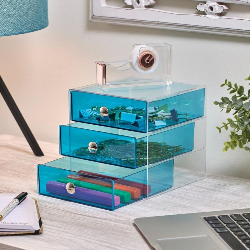 iDesign - Blue Stackable 3-Drawer Vanity Makeup Organizer - Aqua