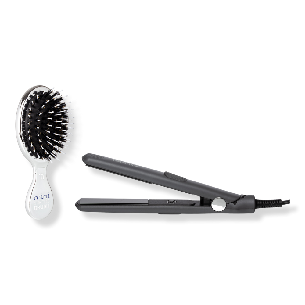 Tiri Pro To-Go Flat Iron & Mini Chrome Brush Set - Black / Silver