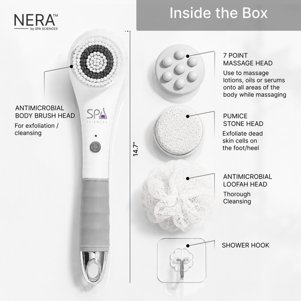 Spa Sciences NERA Rechargeable Waterproof Powered Shower Brush with 4 Heads & Antimicrobial Bristles #3