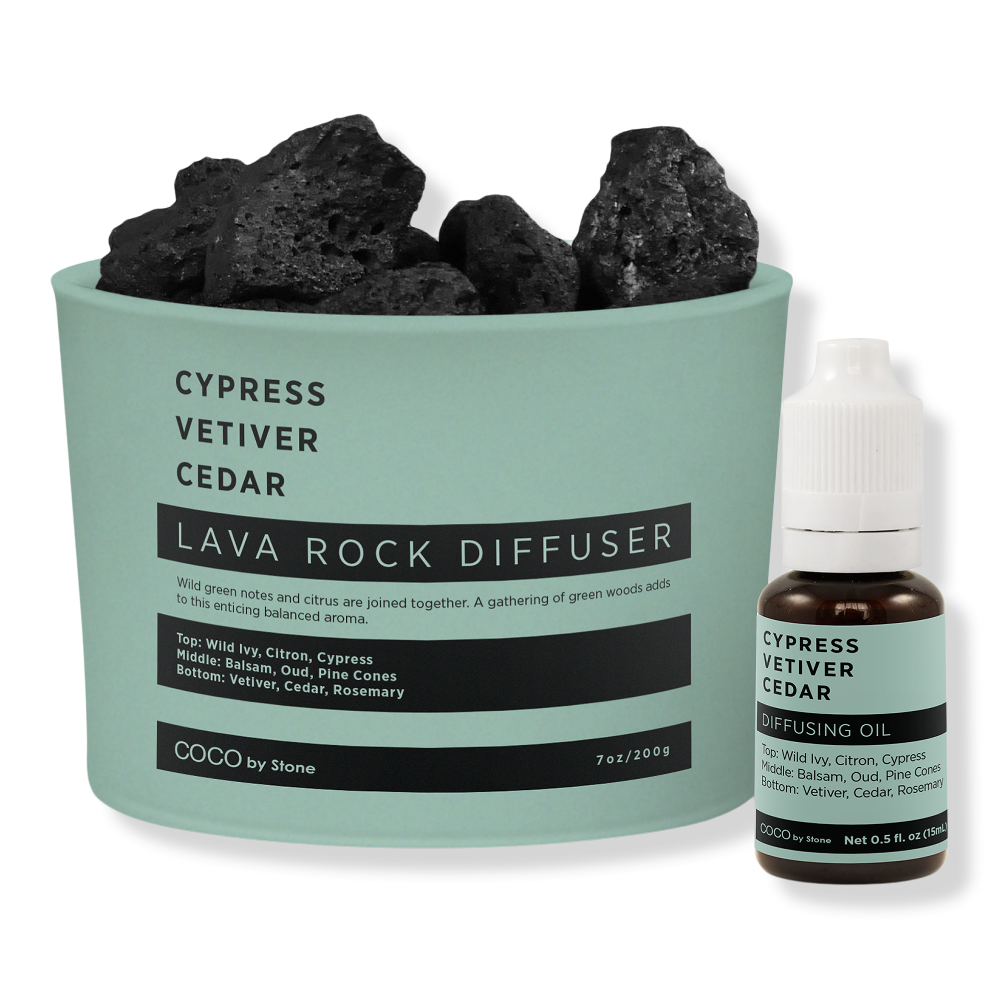 COCO by Stone Cypress Vetiver Cedar Lava Rock Diffuser with Oil Starter Pack #1