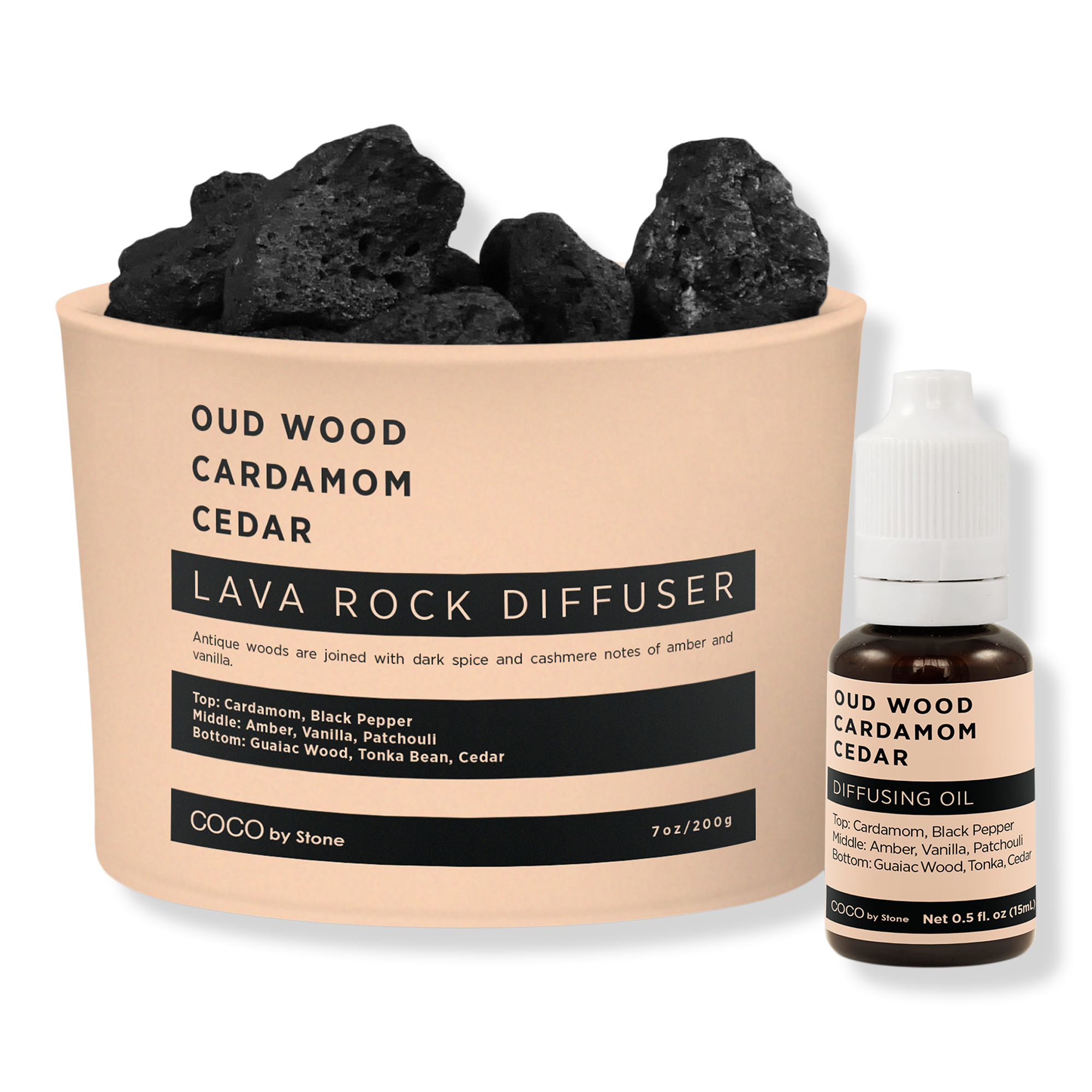 COCO by Stone Oud Wood Cardamom Cedar Lava Rock Diffuser with Oil Starter Pack #1