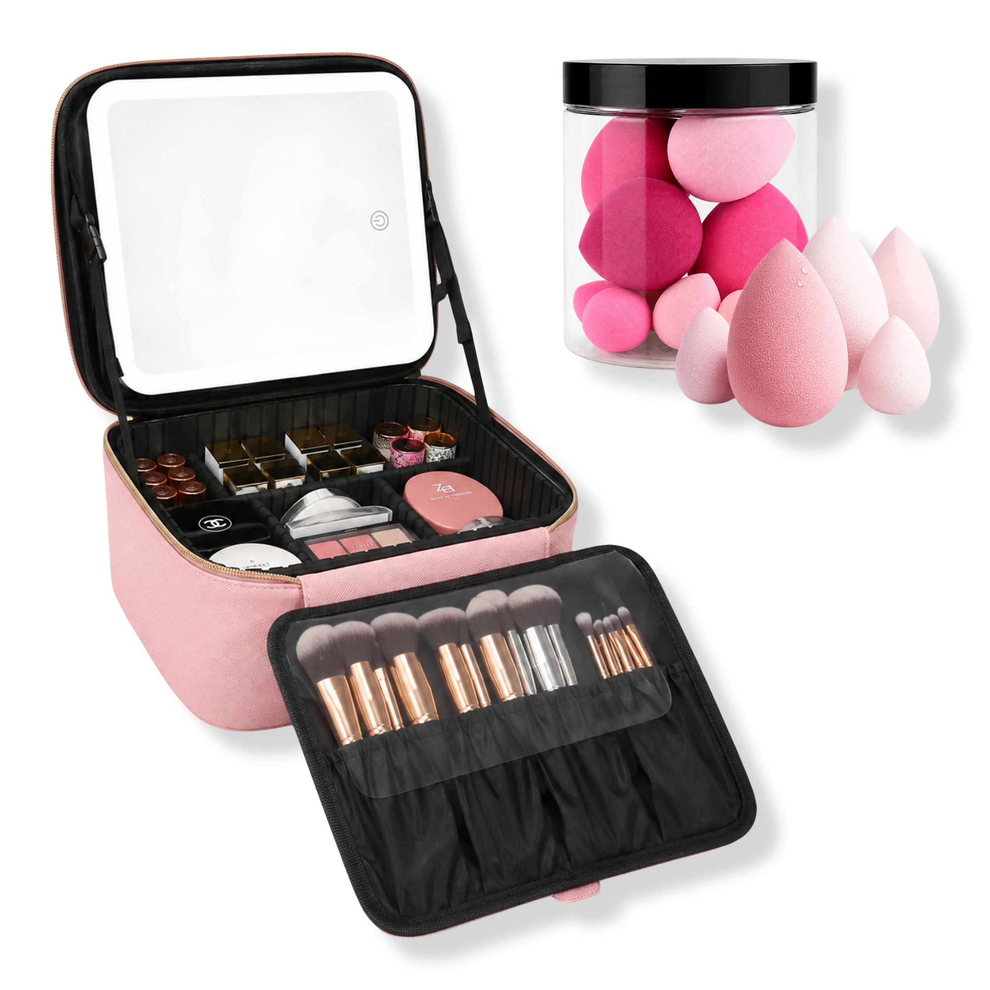 CosmoGlo Makeup Case with Mirror & Beauty Sponge Set #1