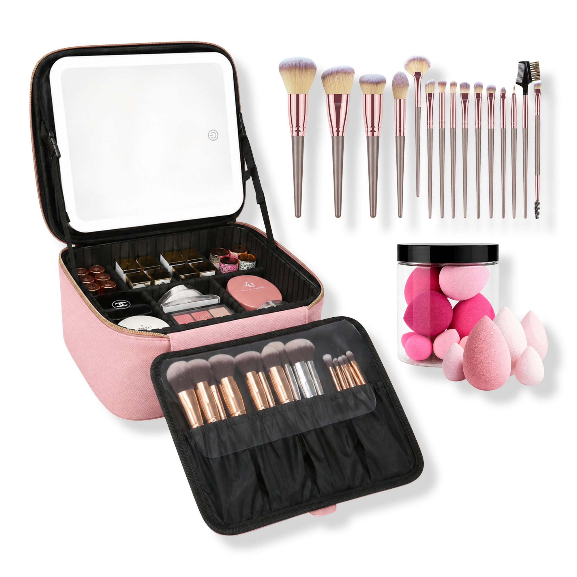 CosmoGlo Makeup Case with Brush & Beauty Sponge Set #1