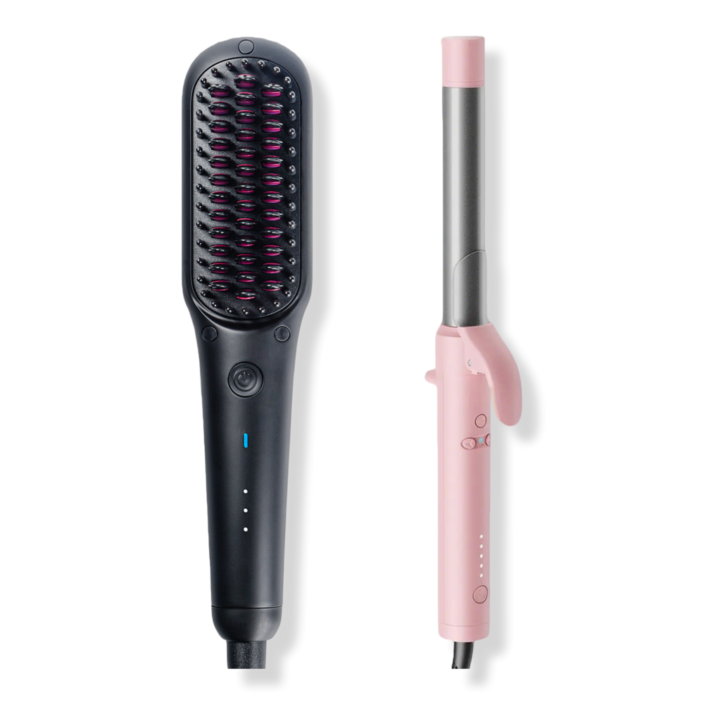TYMO Beauty iONIC mini Black Hair Straightening Brush+Ionic Rotating Curling lron - Black + Pink