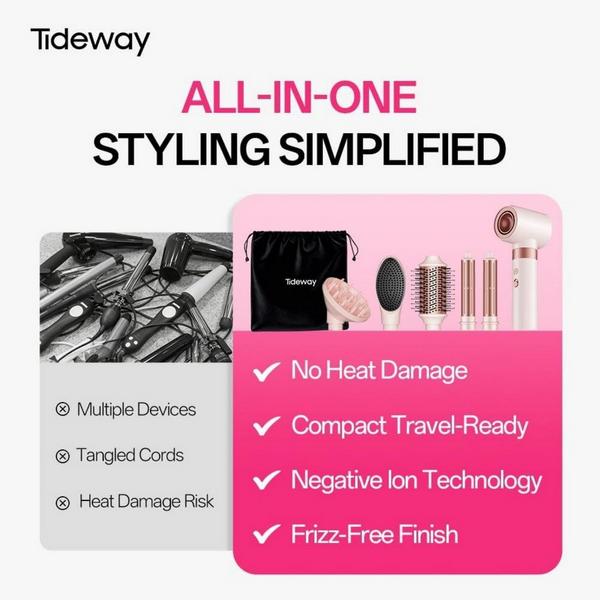 Tideway ProWaver 6-in-1 Ionic Hot Air Styler & Hair Dryer Brush - Pink #6