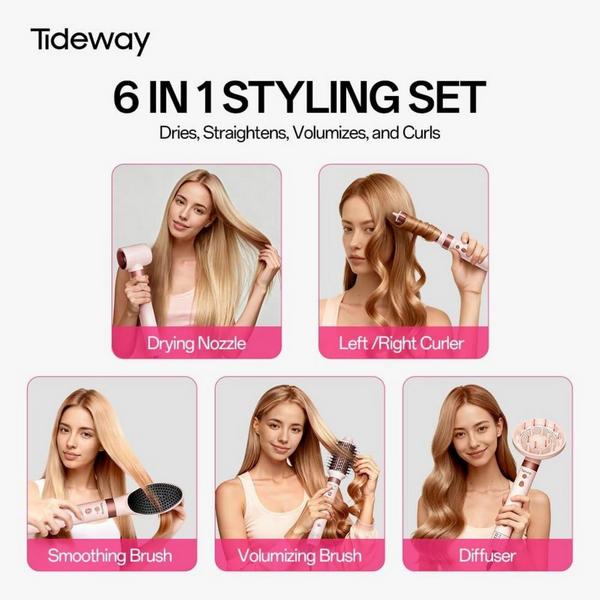 Tideway ProWaver 6-in-1 Ionic Hot Air Styler & Hair Dryer Brush - Pink #8
