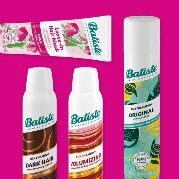 Batiste Original Dry Shampoo, Hint of Color Dry Shampoo, Repair Leave-In Hair Mask and Volumizing Dry Shampoo