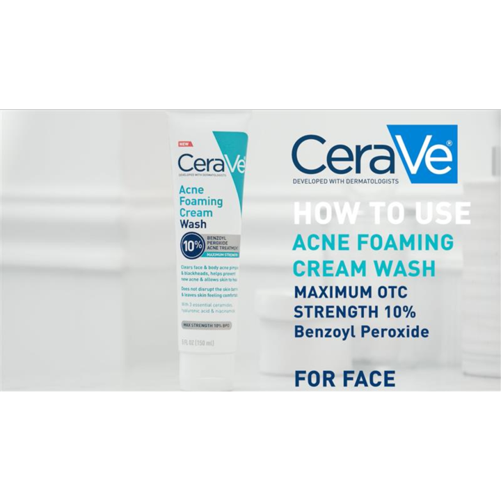  CeraVe Acne Foaming Cream Wash, Gentle Face and Body Acne  Cleanser with Benzoyl Peroxide 10%, Hyaluronic Acid, and Niacinamide, Acne  Treatment Clears Pimples, Blackheads, Chest and Back Acne